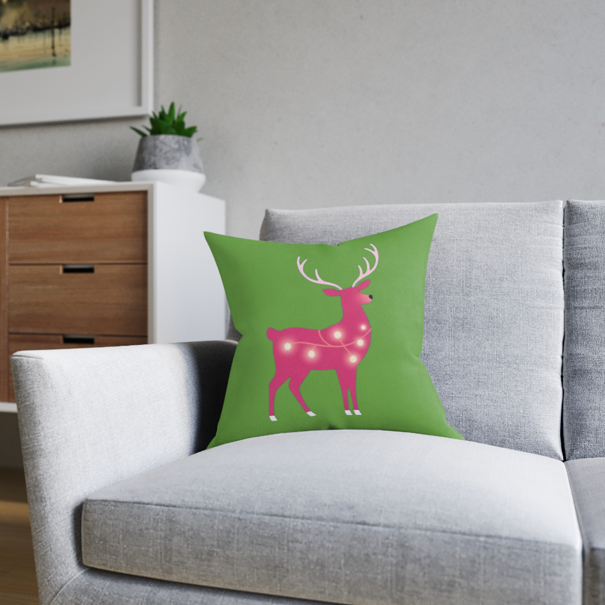Christmas Reindeer Pillow - Pink Lighted Deer on Green Holiday Throw Pillow - Image 12