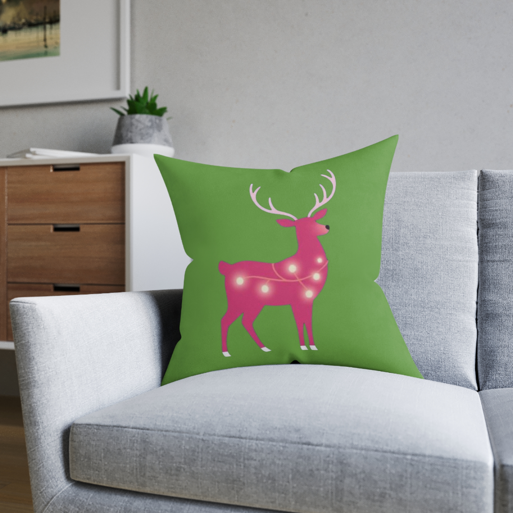Christmas Reindeer Pillow - Pink Lighted Deer on Green Holiday Throw Pillow