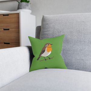 Robin Bird Decorative Square Pillow – Green Nature Throw Cushion