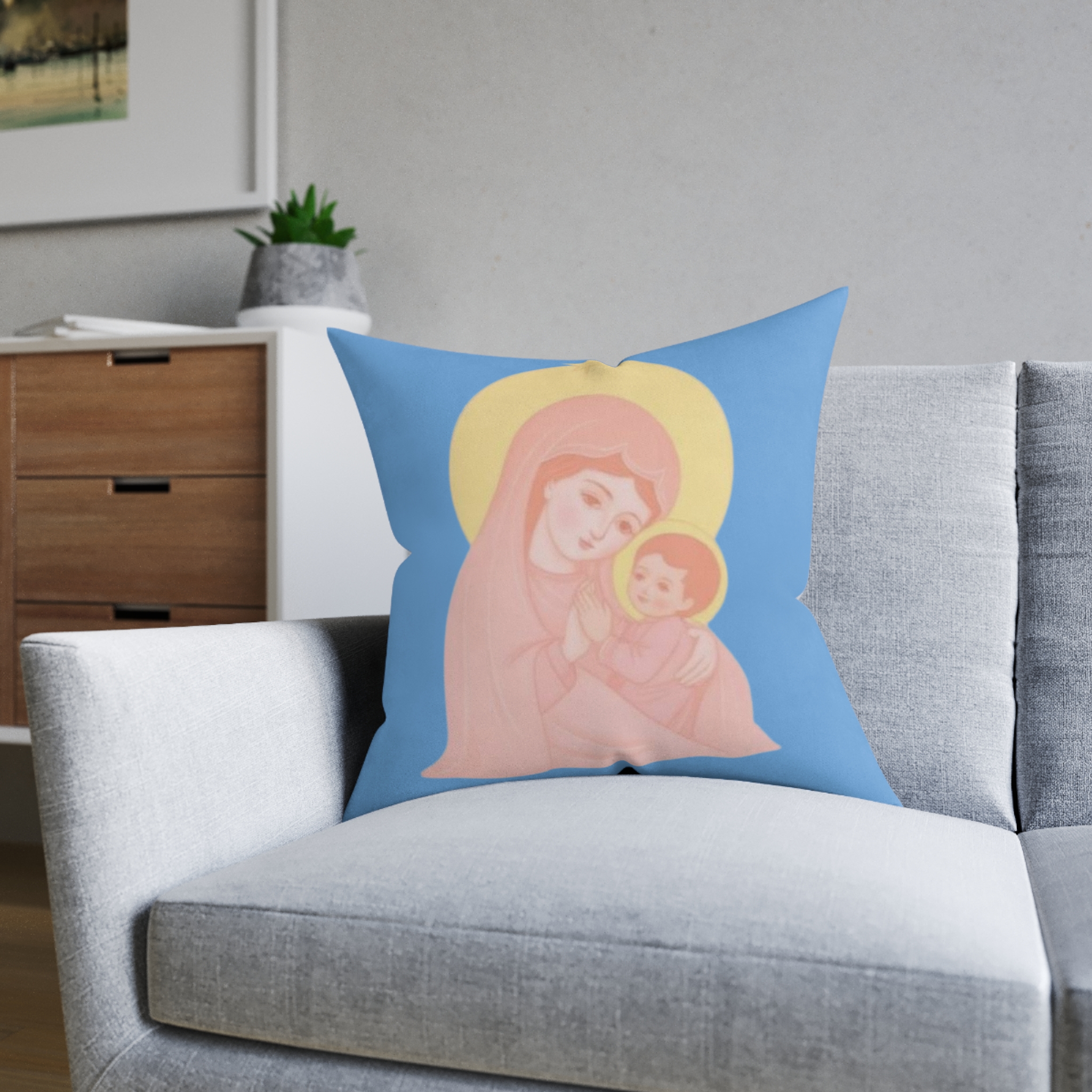 Virgin Mary & Baby Jesus Decorative Pillow — Soft Pastel Religious Throw Pillow for Nursery & Christian Gifts