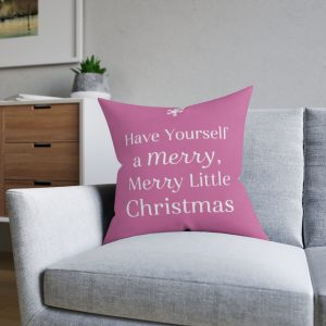 Merry Merry Little Christmas Square Pillow — Pink Holiday Decorative Throw Pillow with Lyrics