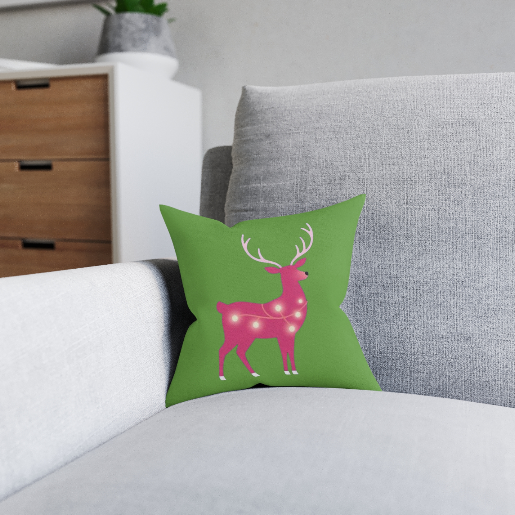 Christmas Reindeer Pillow - Pink Lighted Deer on Green Holiday Throw Pillow - Image 8
