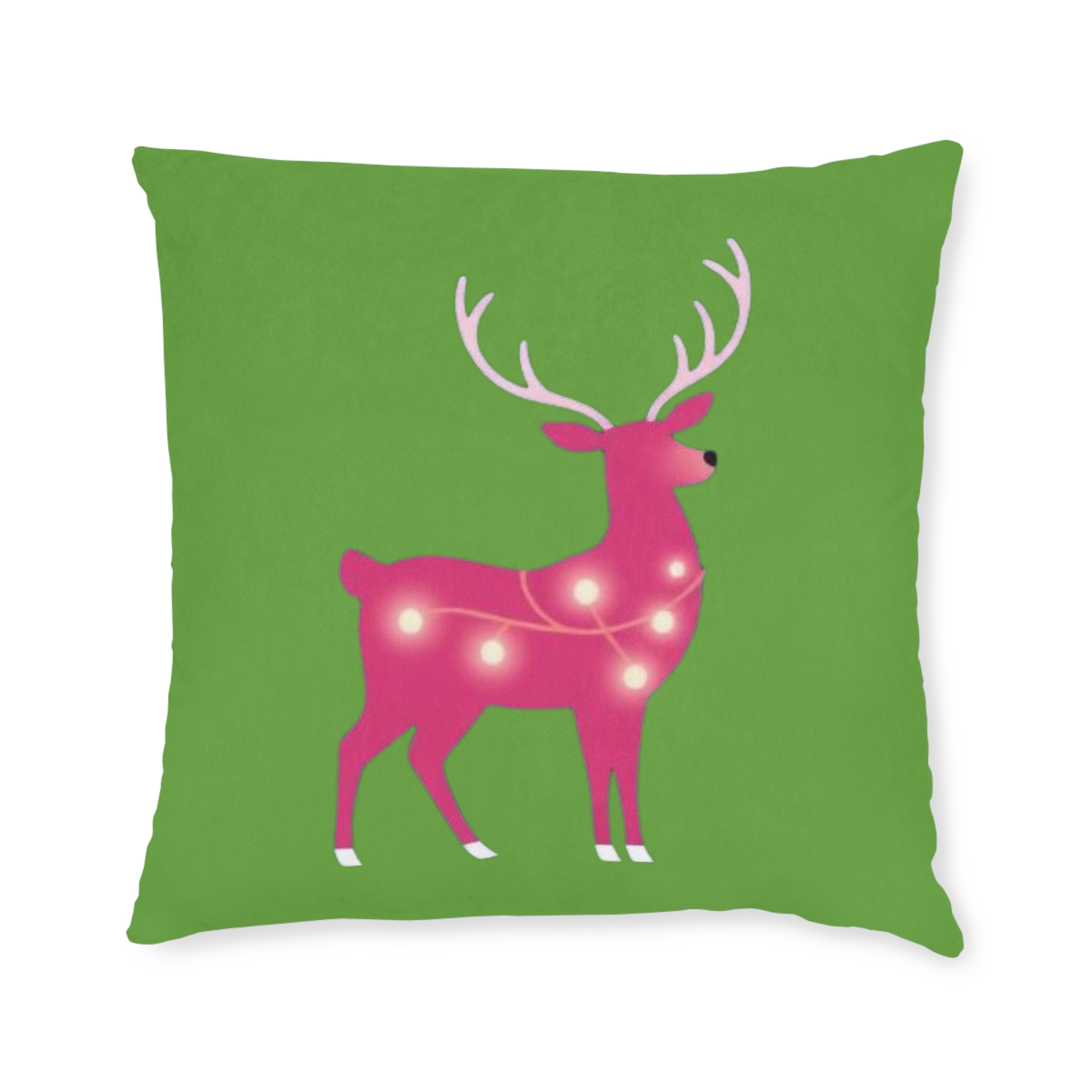 Christmas Reindeer Pillow - Pink Lighted Deer on Green Holiday Throw Pillow - Image 2