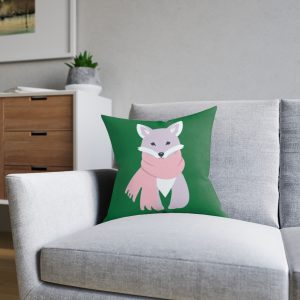 Cozy Fox Square Pillow — Cute Winter Fox with Pink Scarf Decorative Throw Pillow