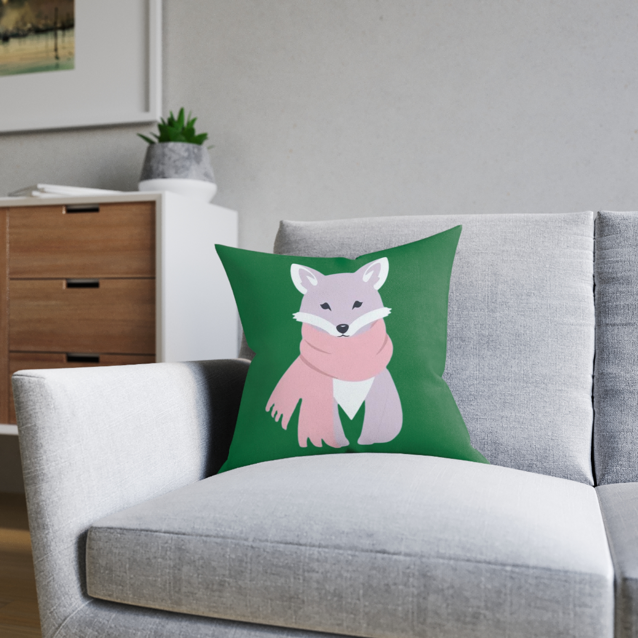 Cozy Fox Square Pillow — Cute Winter Fox with Pink Scarf Decorative Throw Pillow