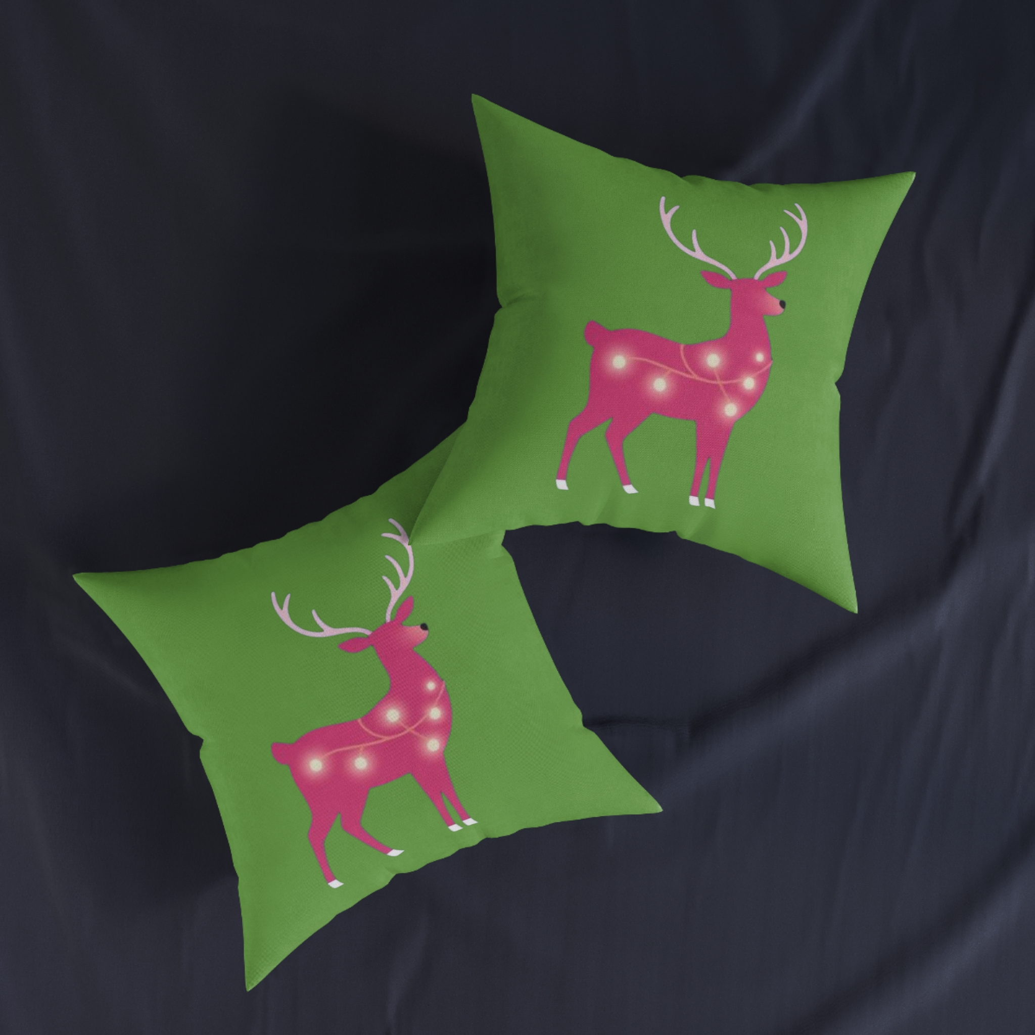 Christmas Reindeer Pillow - Pink Lighted Deer on Green Holiday Throw Pillow - Image 4