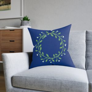 Blue Botanical Wreath Square Pillow — Floral Decorative Throw Cushion