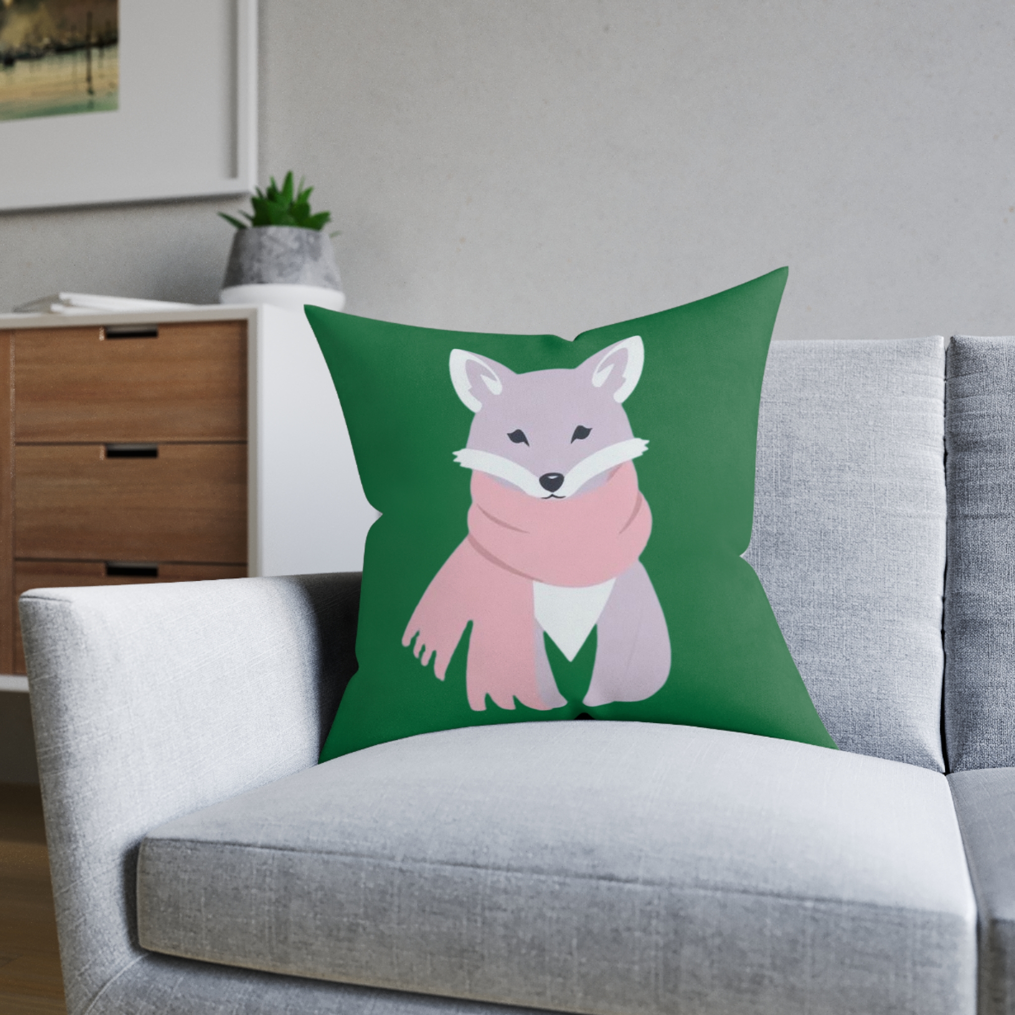 Cozy Fox Square Pillow — Cute Winter Fox with Pink Scarf Decorative Throw Pillow - Image 12