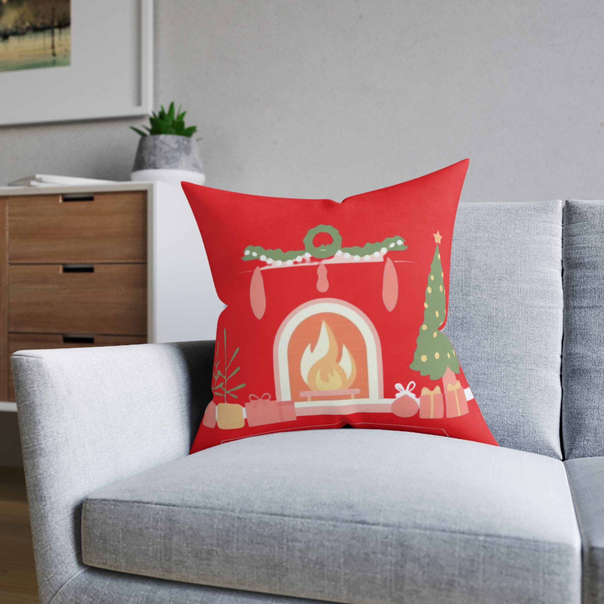 Christmas Fireplace Square Pillow – Festive Holiday Decor Cushion