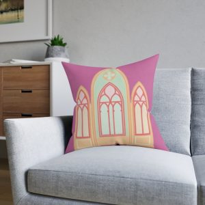 Gothic Window Square Pillow — Pastel Cathedral Stained-Glass Decorative Throw Pillow